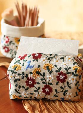 重工刺绣客厅纸巾盒布艺车载纸巾袋餐巾纸套高级感桌面抽纸盒棉麻