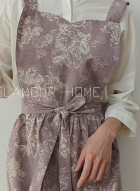 高档出口印花亚麻围裙法式厨房日韩背带围腰花艺长款加长腰带防水