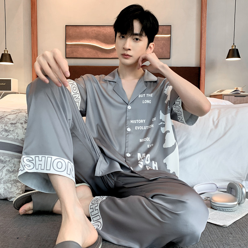 春秋男士睡衣2023新款短袖薄款冰丝夏季青少年家居服丝绸套装大码