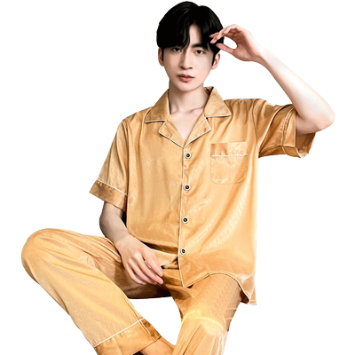 睡衣男夏季冰丝薄款短袖长裤大码