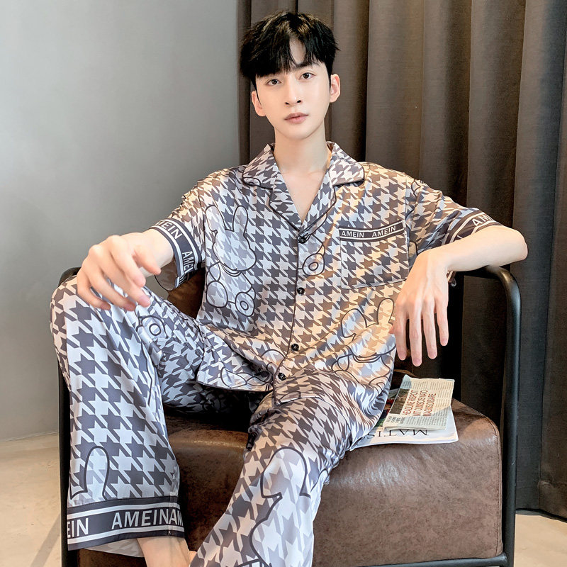 春秋男士睡衣2023新款短袖薄款冰丝夏季青少年家居服丝绸套装大码