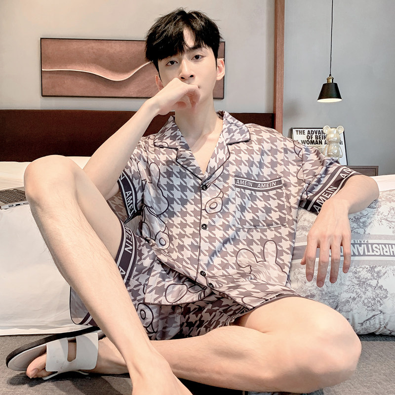 春秋男士睡衣2023新款短袖薄款冰丝夏季青少年家居服冰丝套装大码