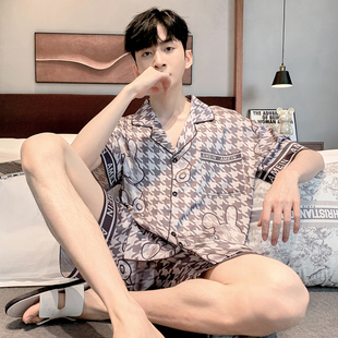 春秋男士睡衣2023新款短袖薄款冰丝夏季青少年家居服冰丝套装大码