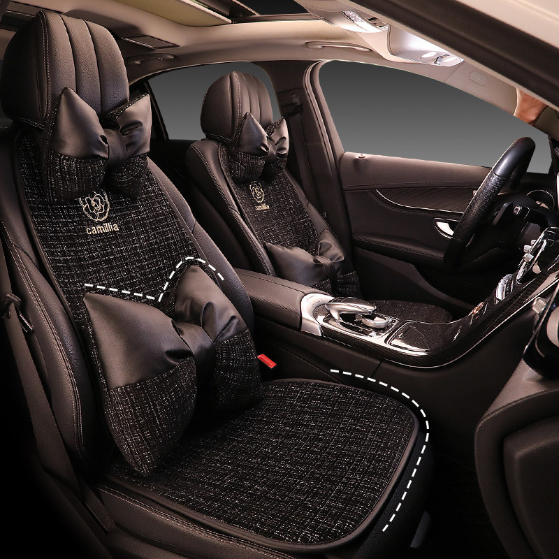 卡通山茶花汽车坐垫冬季女神款可爱四季通用座椅垫免捆绑座垫座套