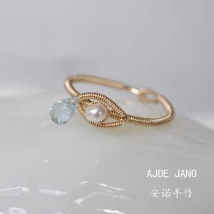 三月生辰石水滴海蓝宝泪滴戒指14k包金手作原创设计可定制礼物