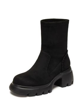 9号百搭弹力靴女冬季黑色圆头中跟厚底增高瘦瘦靴Y2563