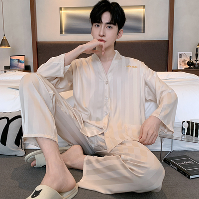 简约睡衣大码薄款男士家居服条形