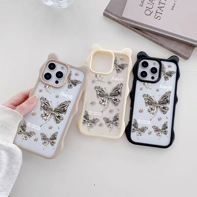 金属蝴蝶款iPhone15promax小可爱猫耳华为苹果14promax手机壳新款