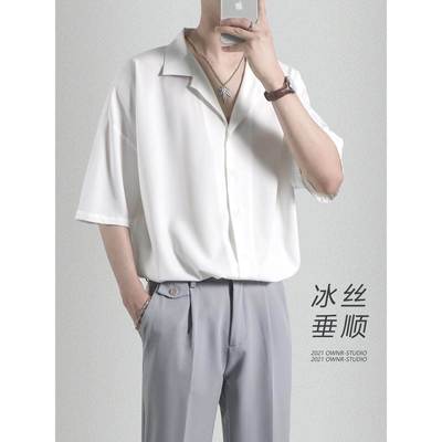 百尊休闲古巴领衬衫男短袖夏季2025薄款痞帅宽松垂感白色冰丝衬衣