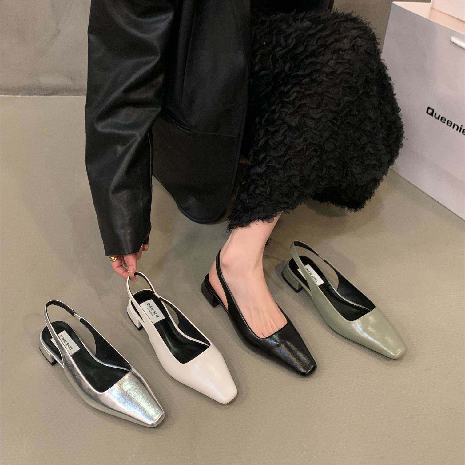 潮牌网红气质包头粗跟凉鞋2024夏季新款方头真皮通勤一字带单鞋女