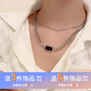 欧美夸张双层项链甜酷嘻哈方形吊坠颈链个性时尚街拍卫衣链女4797