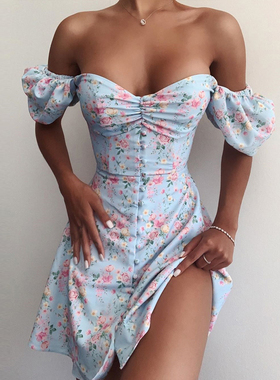 蓝色高腰方领泡泡袖短袖碎花连衣裙仙Bubble sleeve Floral Dress