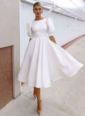 Slim dress 2021法式白色修身女装性感大摆短袖中裙高腰露背a字裙