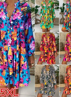 Printed long-sleeved dress women's fashion large size dress