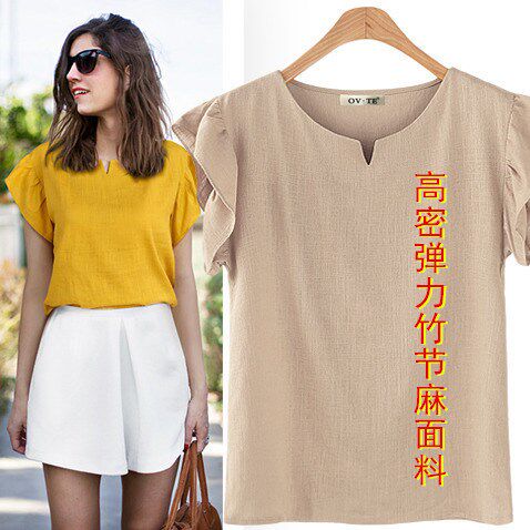 欧美外贸特大码夏季新款时尚宽松显瘦胖妹妹上衣圆V领棉麻T恤衬衫