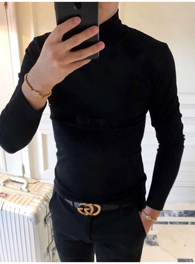 2025冬季英伦绅士休闲简约修身高领打底衫黑色时尚长袖T恤潮男