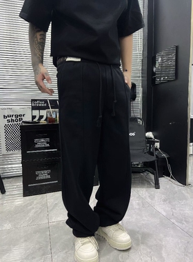 25韩版加绒加厚保暖宽松直筒裤潮牌拼接双腰休闲纯色百搭显瘦长裤