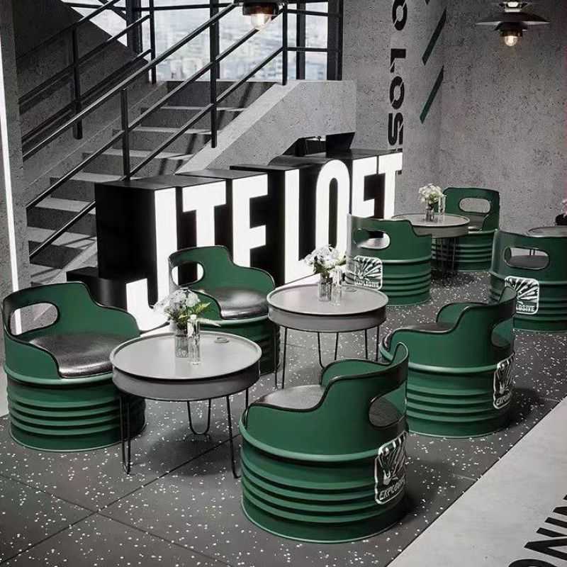 新款直销工业风创意油桶沙发酒吧桌椅网红款烧烤奶茶店洽谈区铁艺