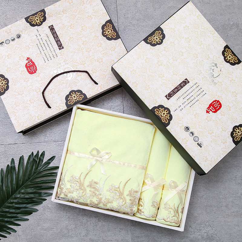 新款直销蕾丝花边超细纤维毛巾浴巾礼盒包装套盒礼品巾吸水干发巾