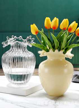 新款直销欧式轻奢浪花玻璃花瓶玉色摆件居家水培水养干花插花浮雕