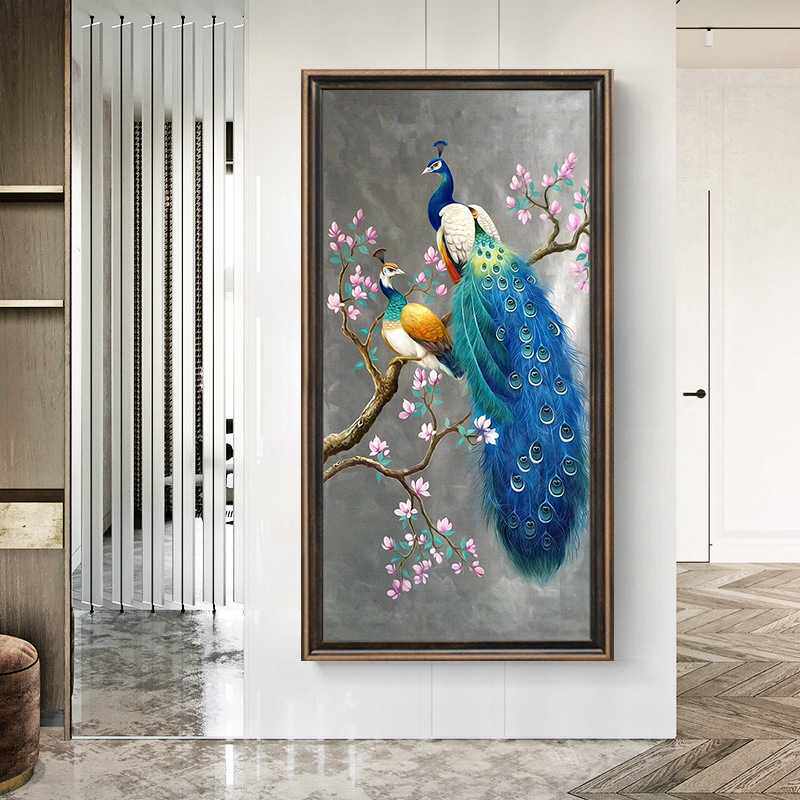 新款直销2019新款5d钻石画满钻孔雀贴钻十字绣客厅玄关竖版花开富