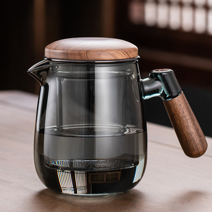 泡茶壶全玻璃内胆侧把胡桃木加厚家用茶水分离花绿红茶泡茶杯单壶
