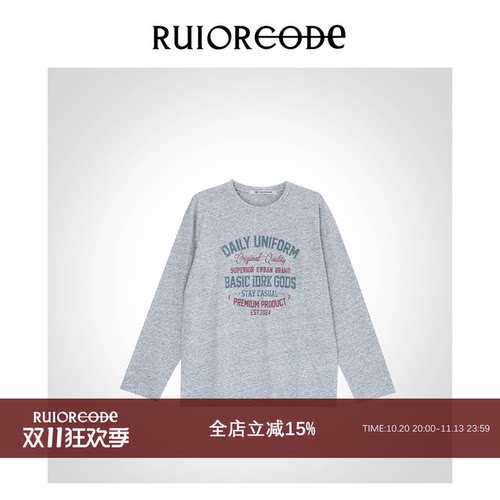 【RUIORCODE】花灰做旧标语 美式复古圆领长袖T恤