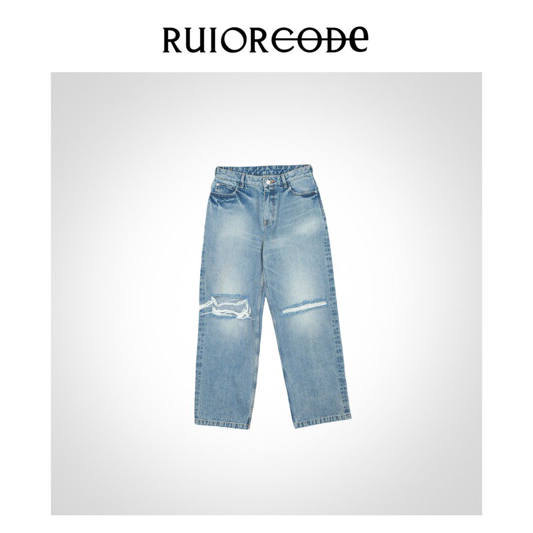 【RUIORCODE】街头随性 水洗破洞毛边腰部调节牛仔裤
