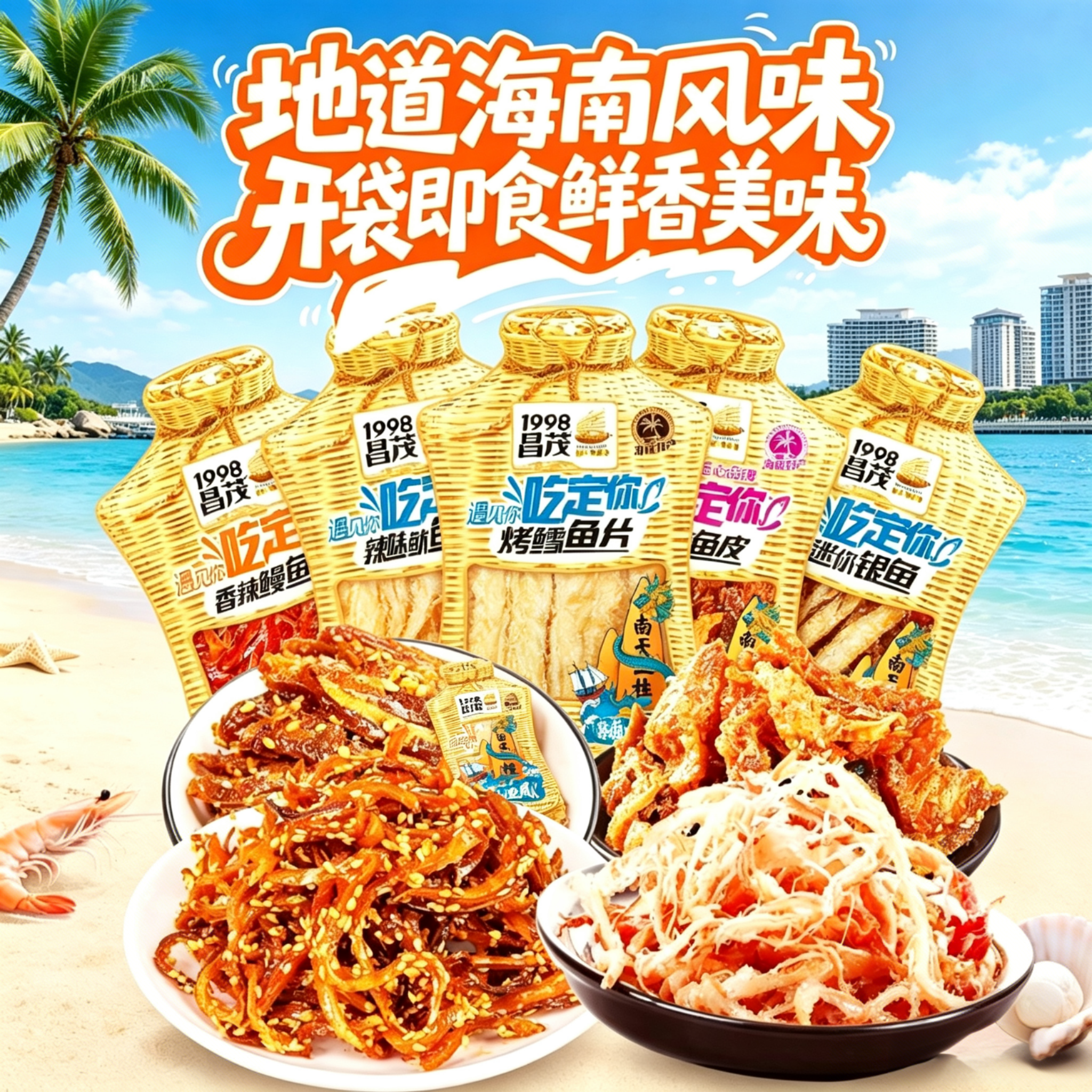 昌茂海南特产烤鳕鱼片美味小银鱼香辣鳕鱼皮鳗鱼丝三亚伴手礼零食