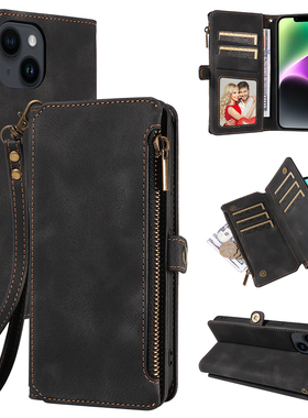 适用苹果17钱包手机壳iphone 15保护皮套14 Plus简约13插卡夹时尚奢华16拉链搭扣全包防摔se2黑蓝色Air cases