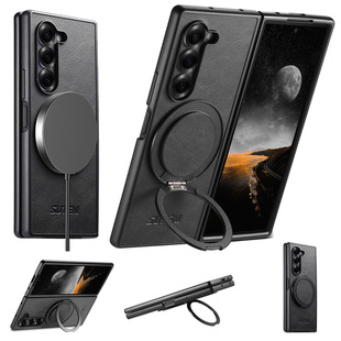 7手机壳皮革油蜡Galaxy Fold 6保护套皮革5电话磁吸指环扣旋转折叠支架棕黑色Case 适用三星Galaxy