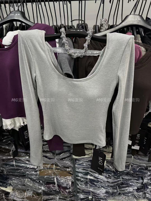 MG麦购性感露背蕾丝带修身显瘦垫肩长袖T抓毛打底衫短款气质上衣