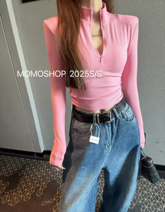 辣妹性感修身上衣女春秋美式半开领荧光绿色短款长袖T恤打底衫ins