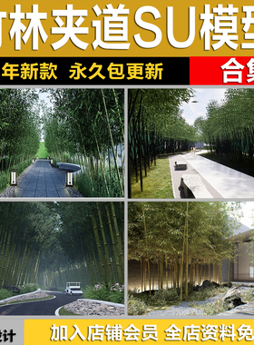庭院景观林间竹子竹丛竹林夹道小道植物道路小径花公园廊架SU模型