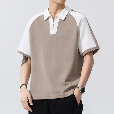 半拉链短袖POLO衫男款夏季美式潮牌拼接重磅纯棉宽松翻领t恤半袖