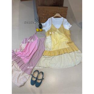 宽松不规则拼接糖果色显瘦格子无袖 韩版 连衣裙 50852夏新款 沐皙