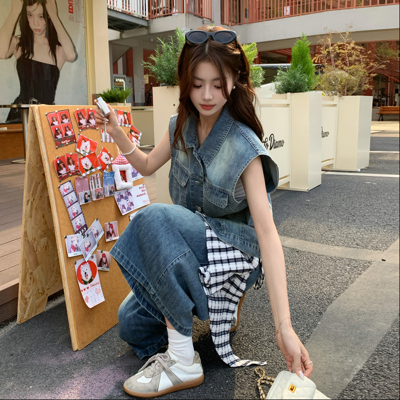 夏现货已出26气质轻熟搭牛仔撞格子两件套RF2C518-2629-P210-K338，女装套装/套裙，浙宝237