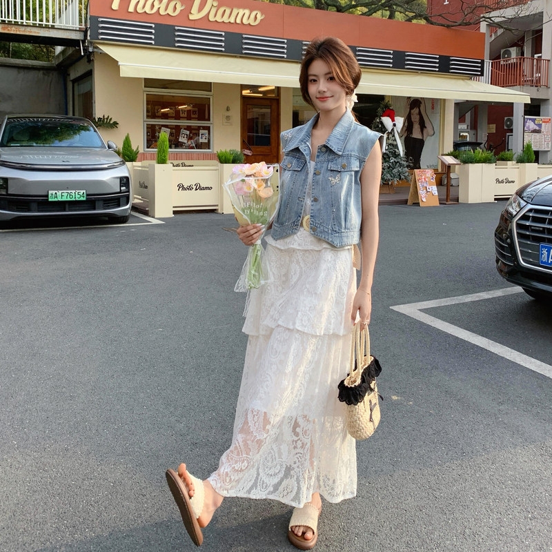 夏已出26气质轻熟搭牛仔蕾丝吊带群两件套RF2C518-2658-P215-K348，女装套装/套裙，浙宝237