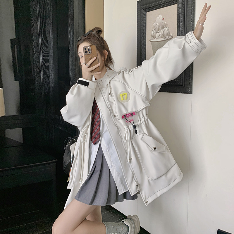 高级感白色连帽工装风衣外套女春秋2025年新款韩版宽松休闲大衣潮图片