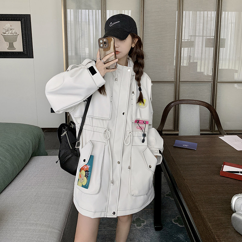 高级感白色连帽工装风衣外套女春秋2025年新款韩版宽松休闲大衣潮图片