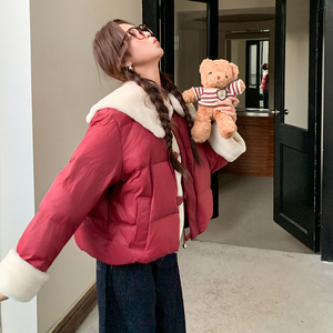 红色拼兔毛现货25冬50鸭绒羽绒短款ZB237-6683-p240-k358，女装羽绒服，浙宝237