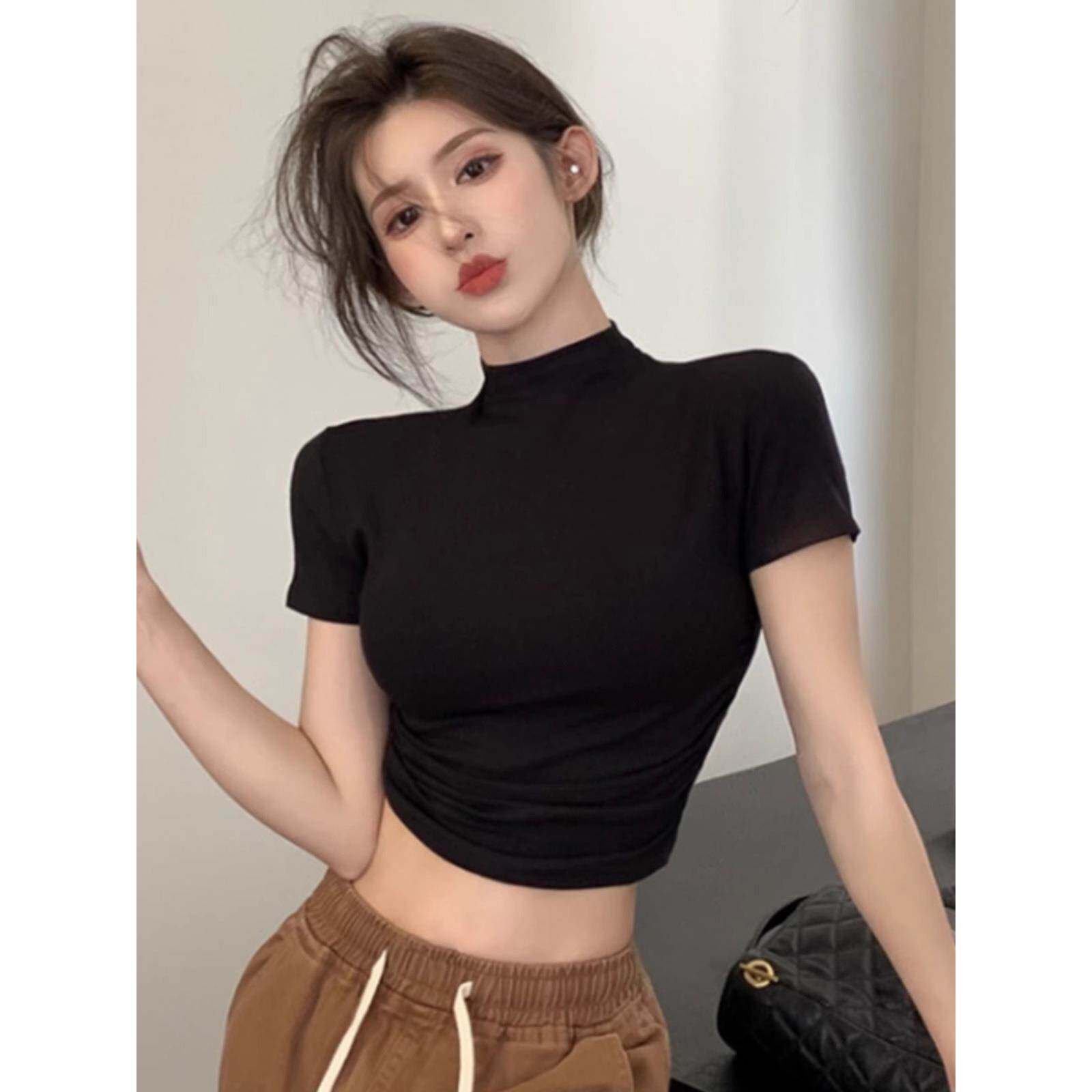黑色半高领短款t恤女士短袖夏季紧身小个子针织性感高腰露脐上衣