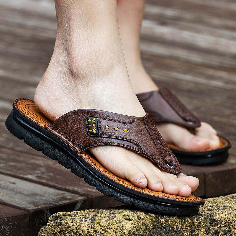 夏季牛皮拖鞋男真皮人字拖男潮流休闲防滑外穿男士凉拖厚底沙滩鞋