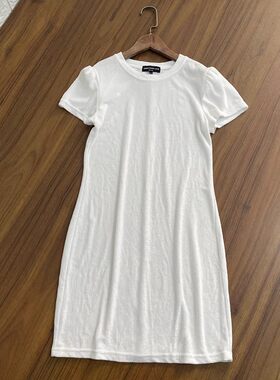 成人女大童短袖连衣裙白色圆领简约毛巾料吸水夏款裙子睡衣睡裙