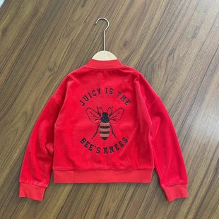 女童长袖外套中童红色金丝绒拉链休闲百搭棒球外套开衫春秋新款