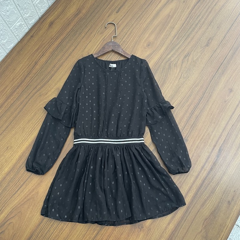 女童长袖连衣裙大童圆领雪纺收腰甜美裙子早春夏款150-160