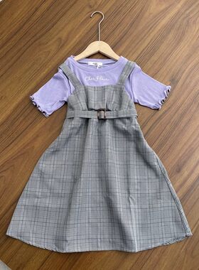 女童短袖连衣裙中大童假两件日系甜美格子背带裙子夏款130-160cm