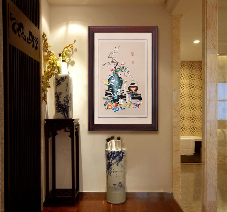 苏绣成品挂画玄关客厅现代中式纯手工刺绣真丝竖版装饰画五子图