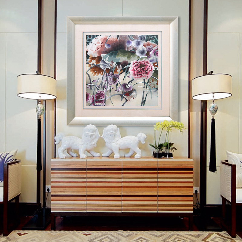 江南绣庄苏绣 73x73成品花鸟画刺绣荷花 苏州客厅手工 重莲彩荷