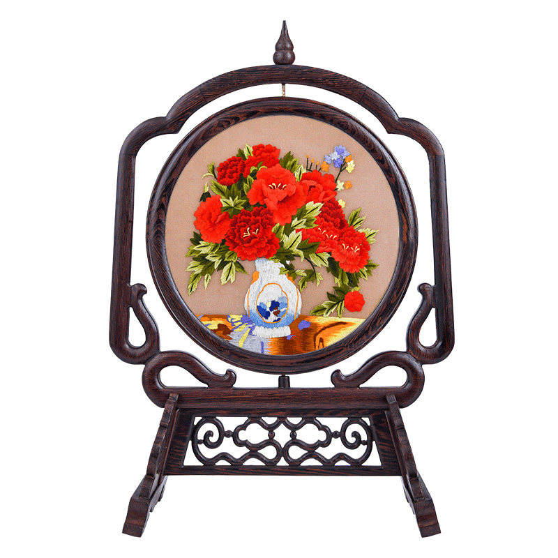 房间装饰品双面绣台屏国礼同款摆件 手工绣礼品送外国人 鸡翅木